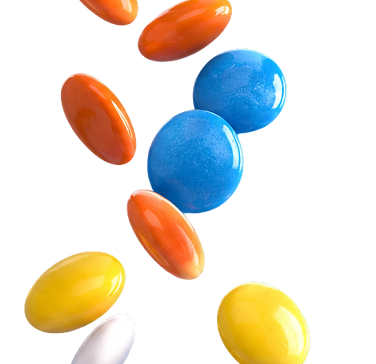 Colorful oval candies in orange, blue, yellow, and white floating vertically.