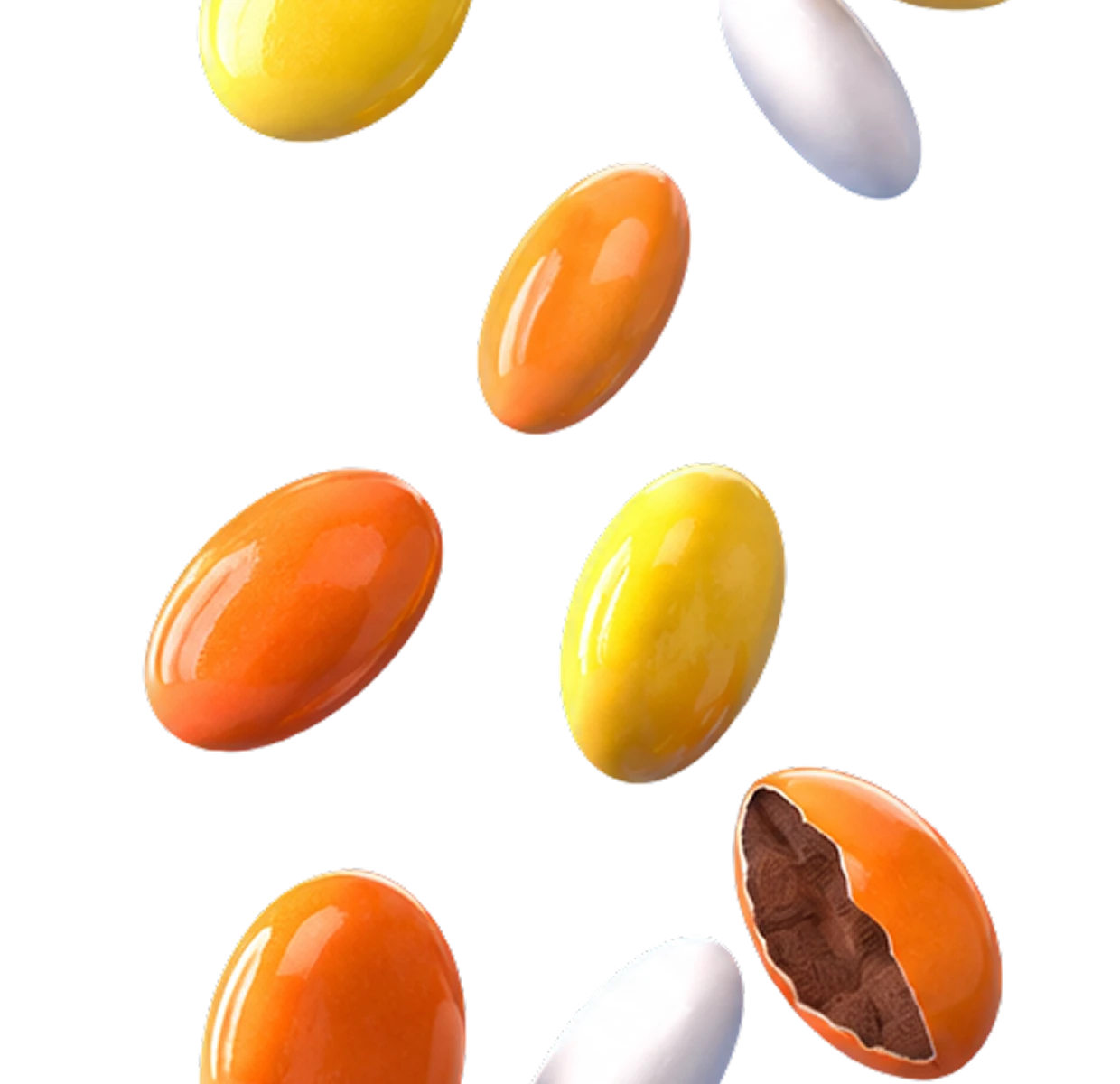 Colorful oval candies in orange, blue, yellow, and white floating vertically.