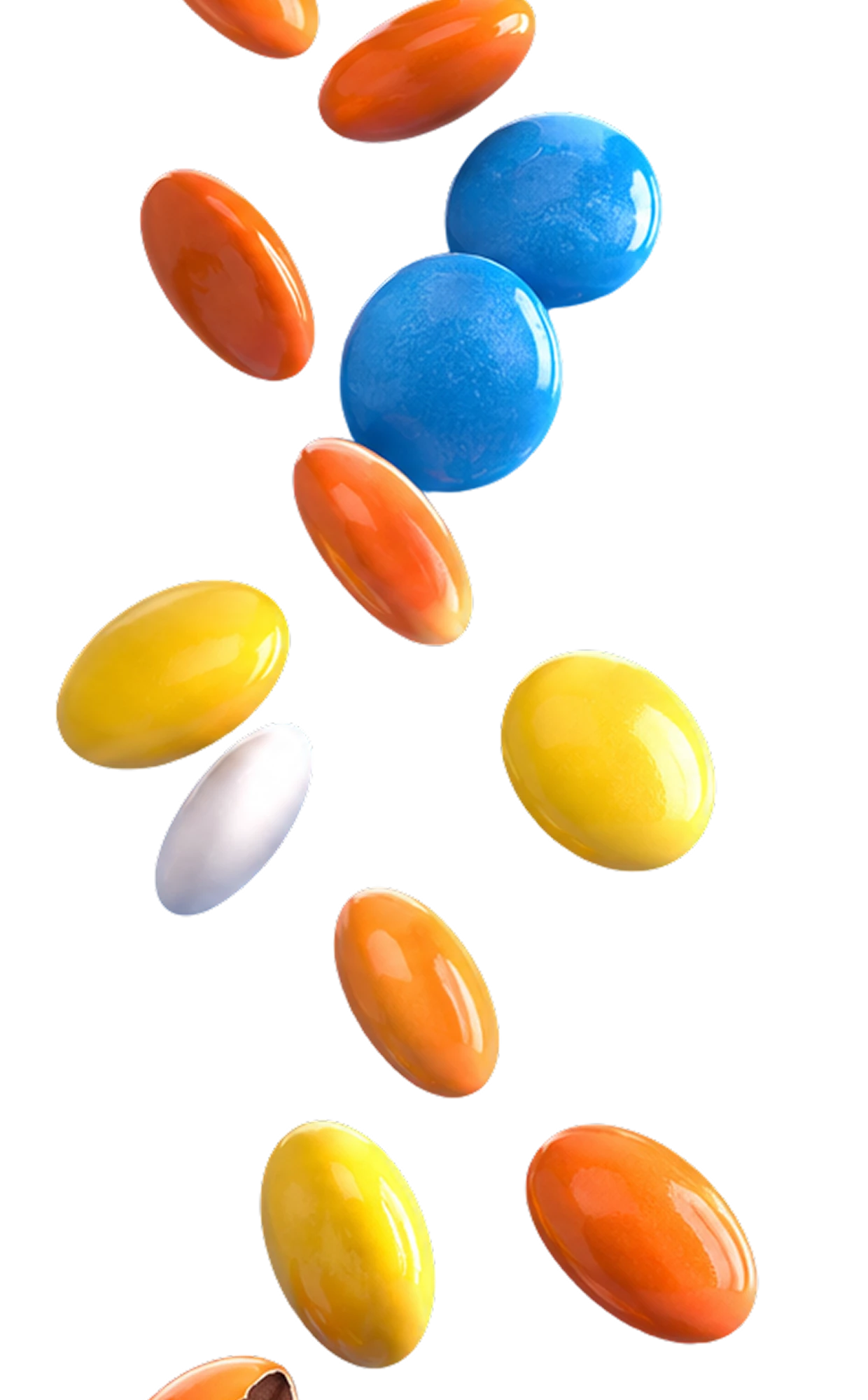 Colorful oval candies in orange, blue, yellow, and white floating vertically against a plain white background.