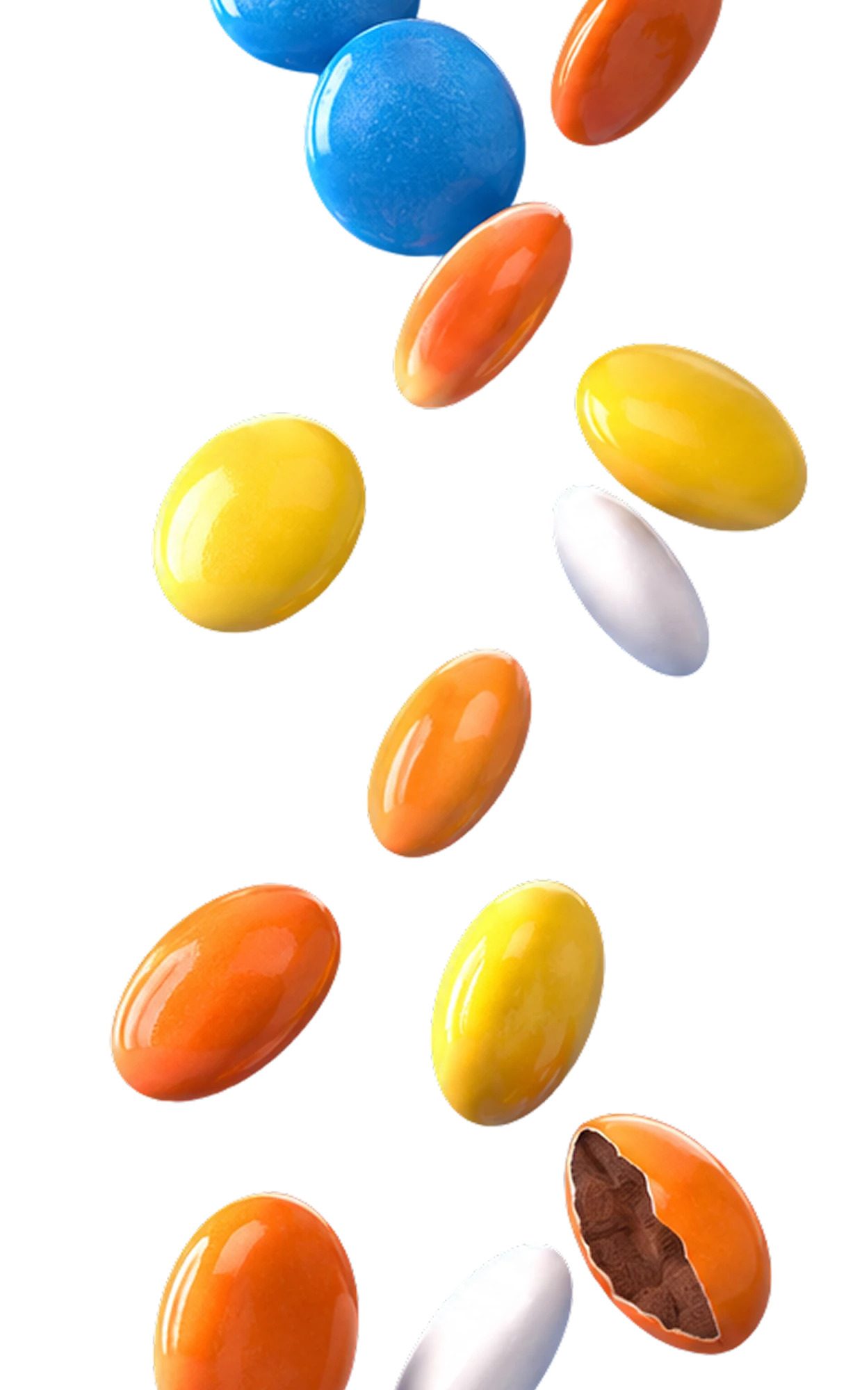 Colorful candy-coated chocolates floating vertically on a clean white background, with one chocolate broken open at the bottom to reveal a brown filling.